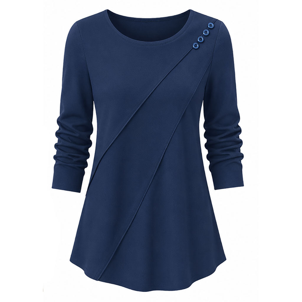 Women's crew-neck draped top in blue, diagonal button shoulder detail, long sleeves