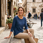 Women's draped crew-neck long-sleeve top, blue with button shoulder detail