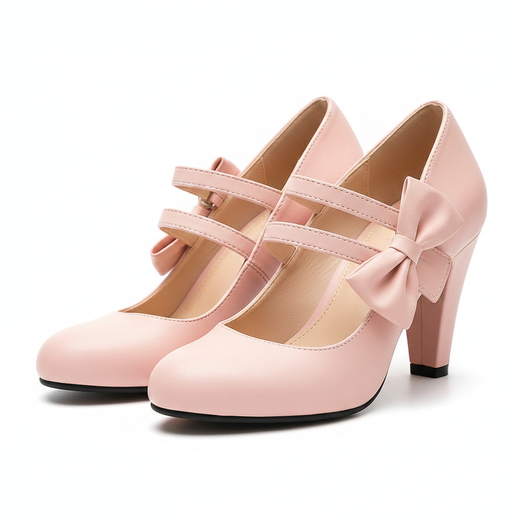 Pink bow detail heeled pumps with ankle strap and T-bar cutout