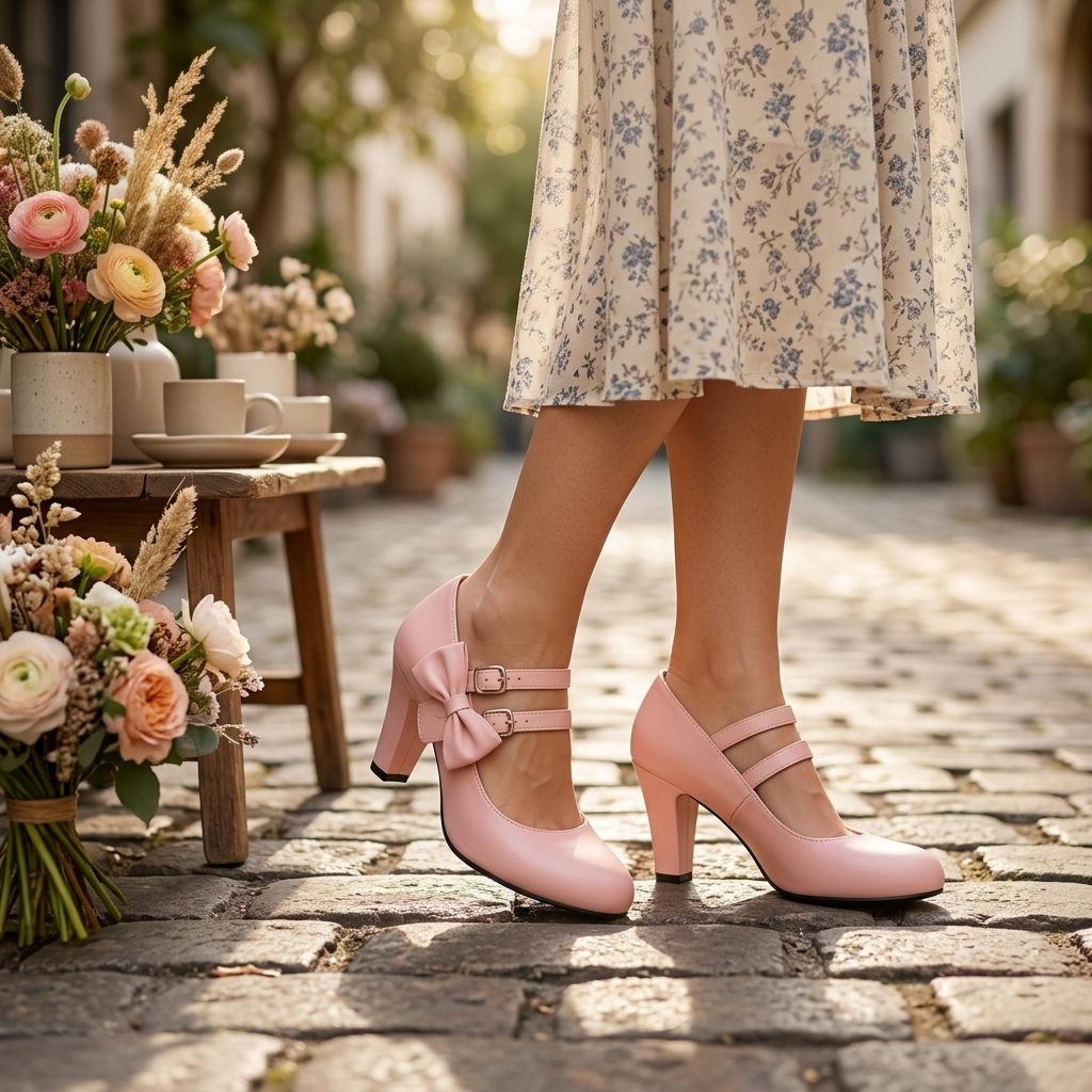 Pink strappy bow-detail pumps with ankle strap and low block heel