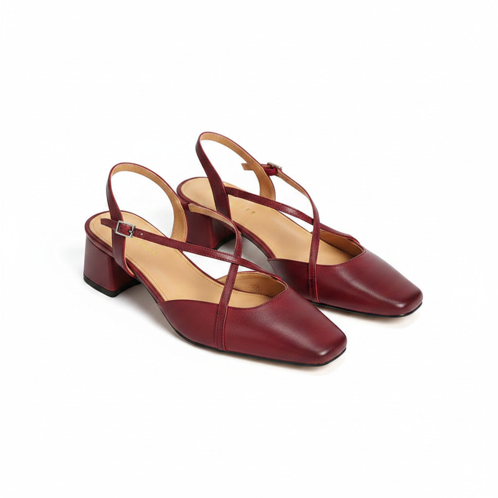 Red slingback heels with ankle strap and block heel