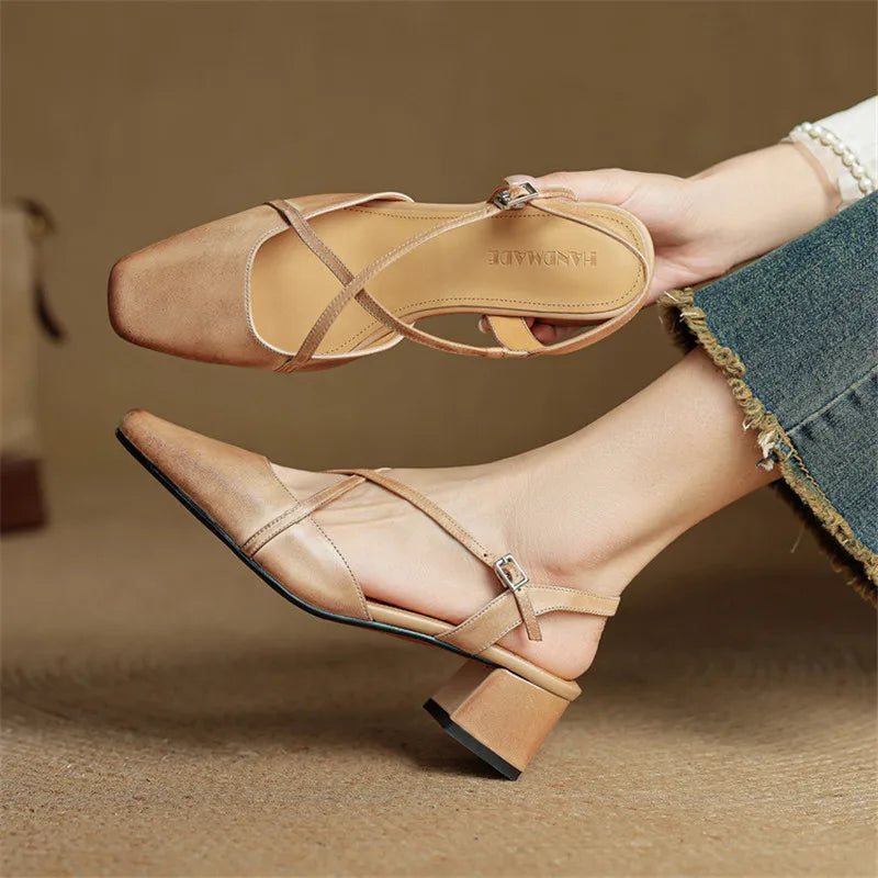 Apricot slingback heels with ankle strap and low block heel