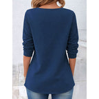 Blue draped button-detail top, back view with three-quarter roll sleeves