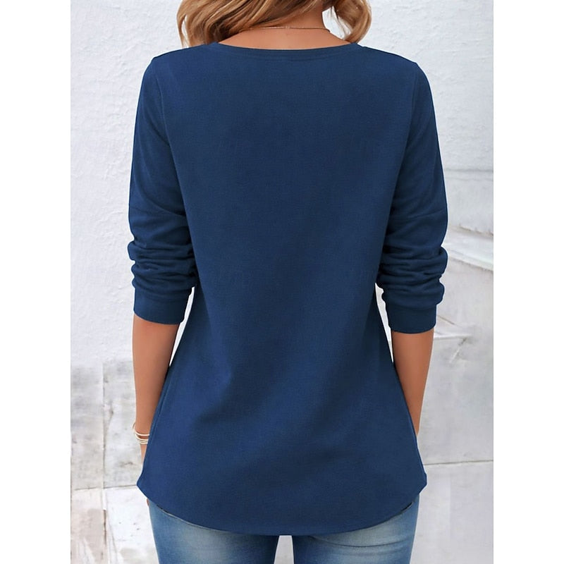 Blue draped button-detail top, back view with three-quarter roll sleeves