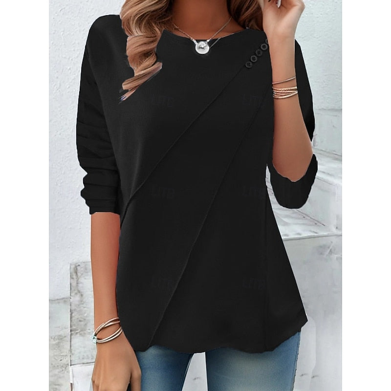 Black draped button-detail top with diagonal wrap front and roll sleeves