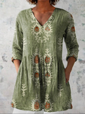 Women's drapey V-neck blouse, 3/4 sleeves, sage green with ivory floral embroidery