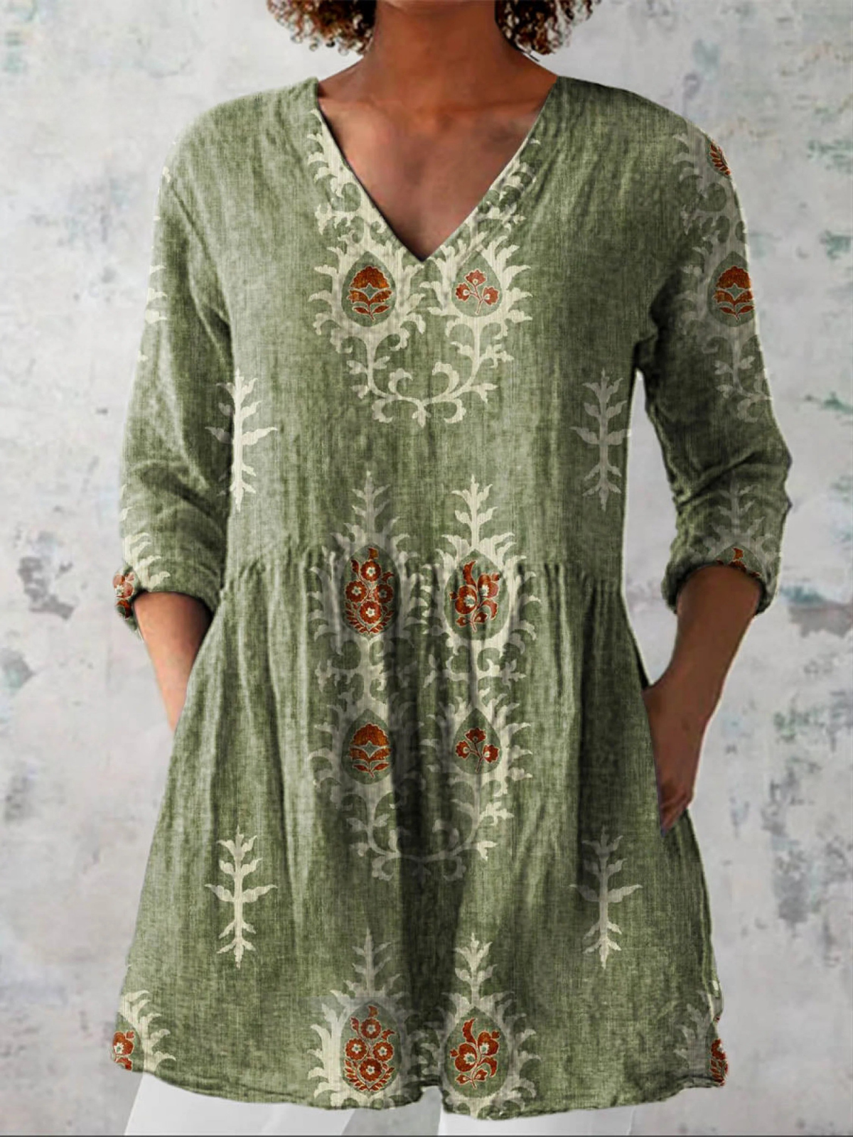 Women's drapey V-neck blouse, 3/4 sleeves, sage green with ivory floral embroidery