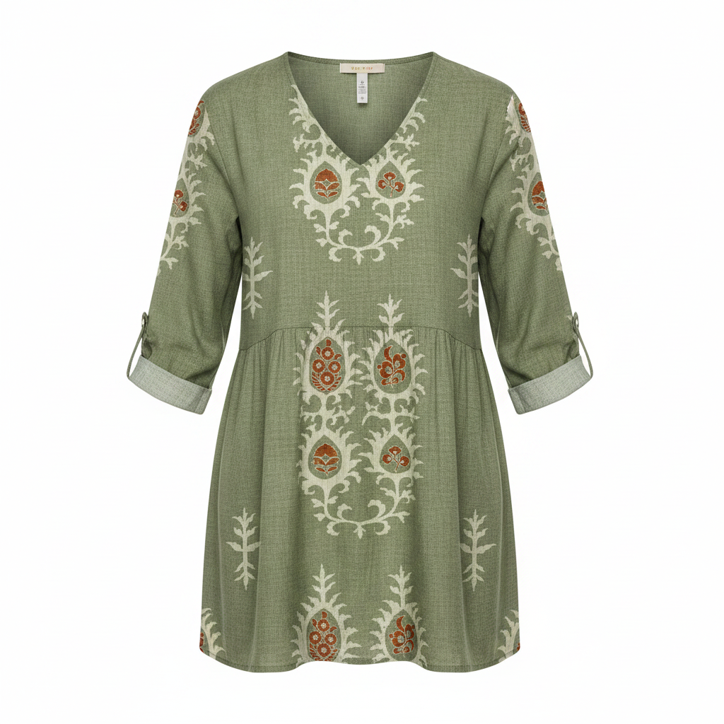 Women's drapey V-neck tunic blouse, 3/4 sleeves, green with embroidered motifs