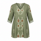 Women's drapey V-neck tunic blouse, 3/4 sleeves, green with embroidered motifs