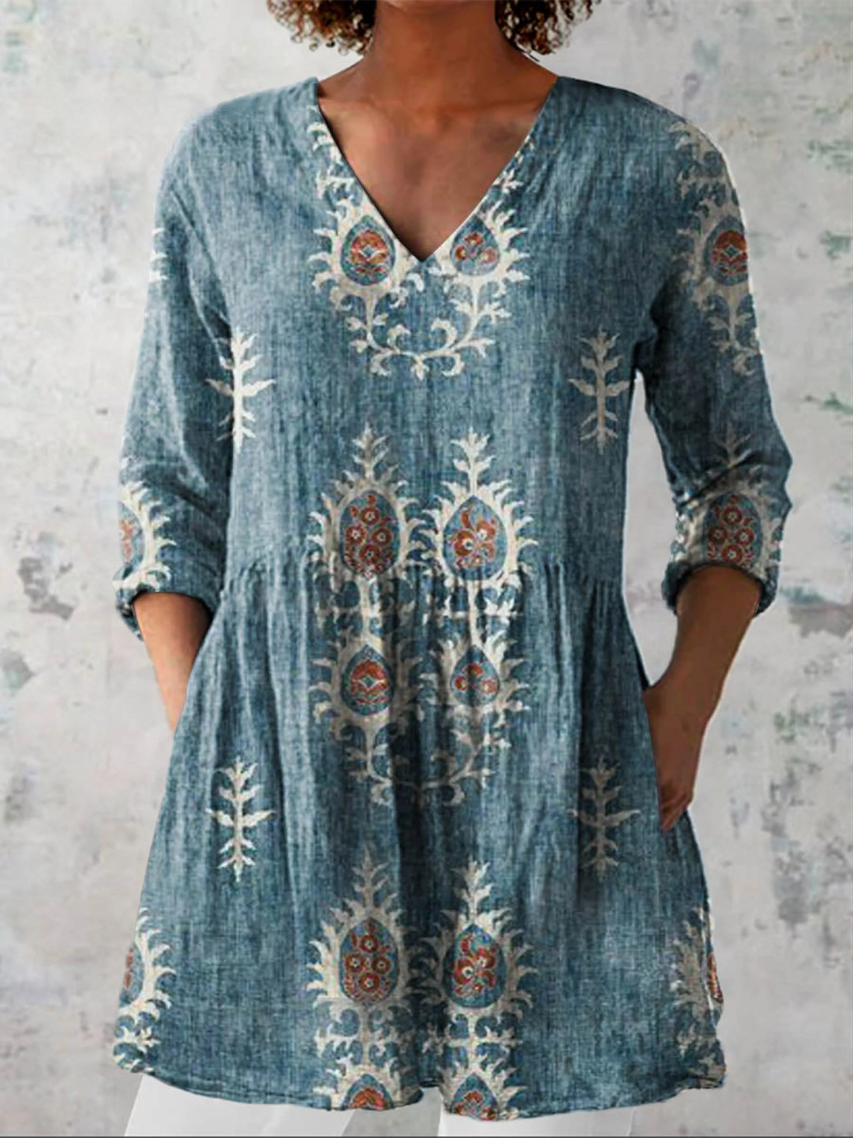 Women's drapey V-neck blouse, 3/4 sleeves, denim blue with ivory floral embroidery