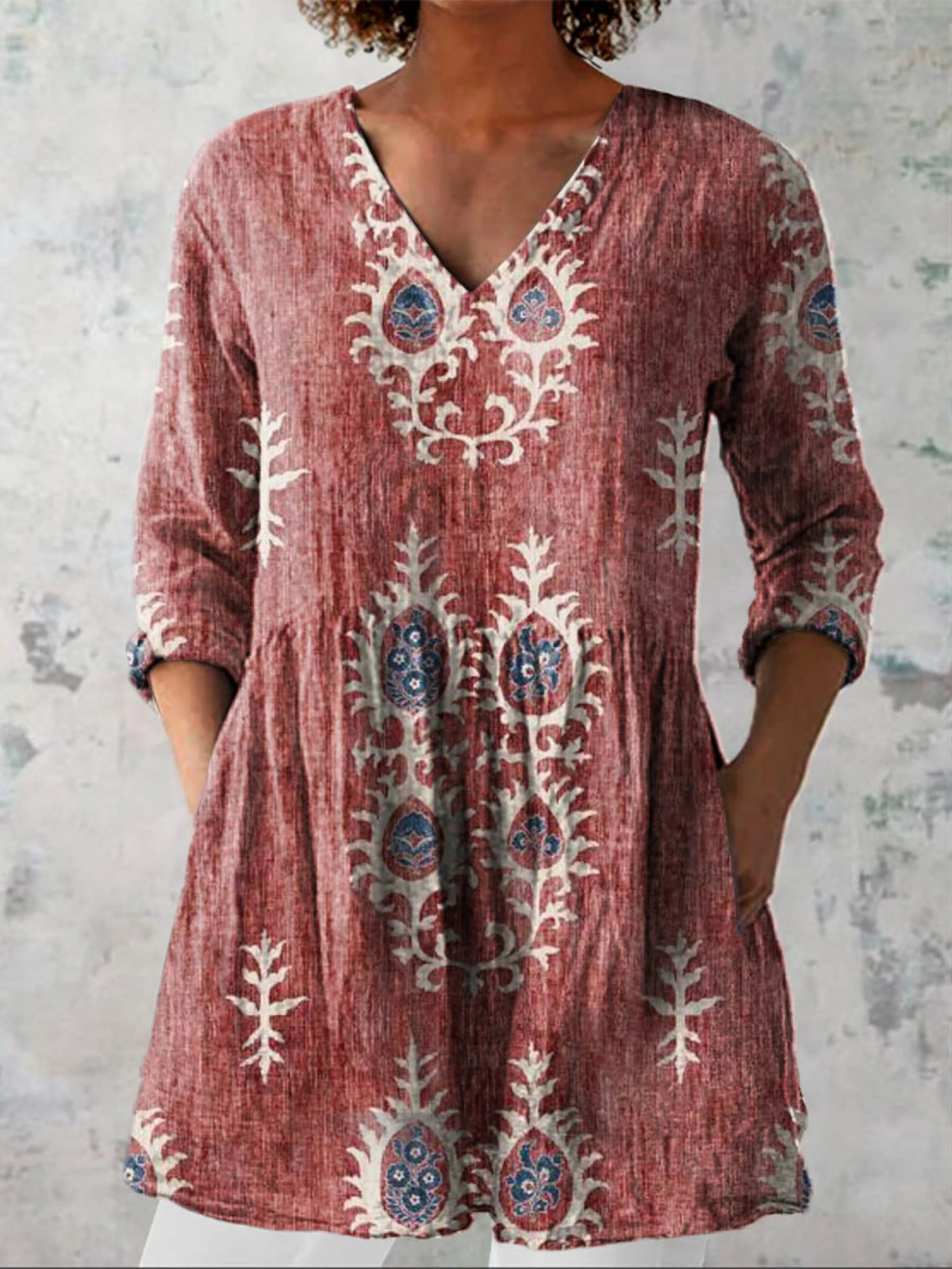 Women's drapey V-neck blouse, 3/4 sleeves, rust red with ivory floral embroidery