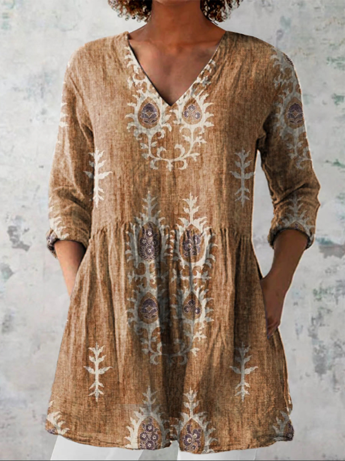 Women's drapey V-neck blouse, 3/4 sleeves, tan with ivory floral embroidery