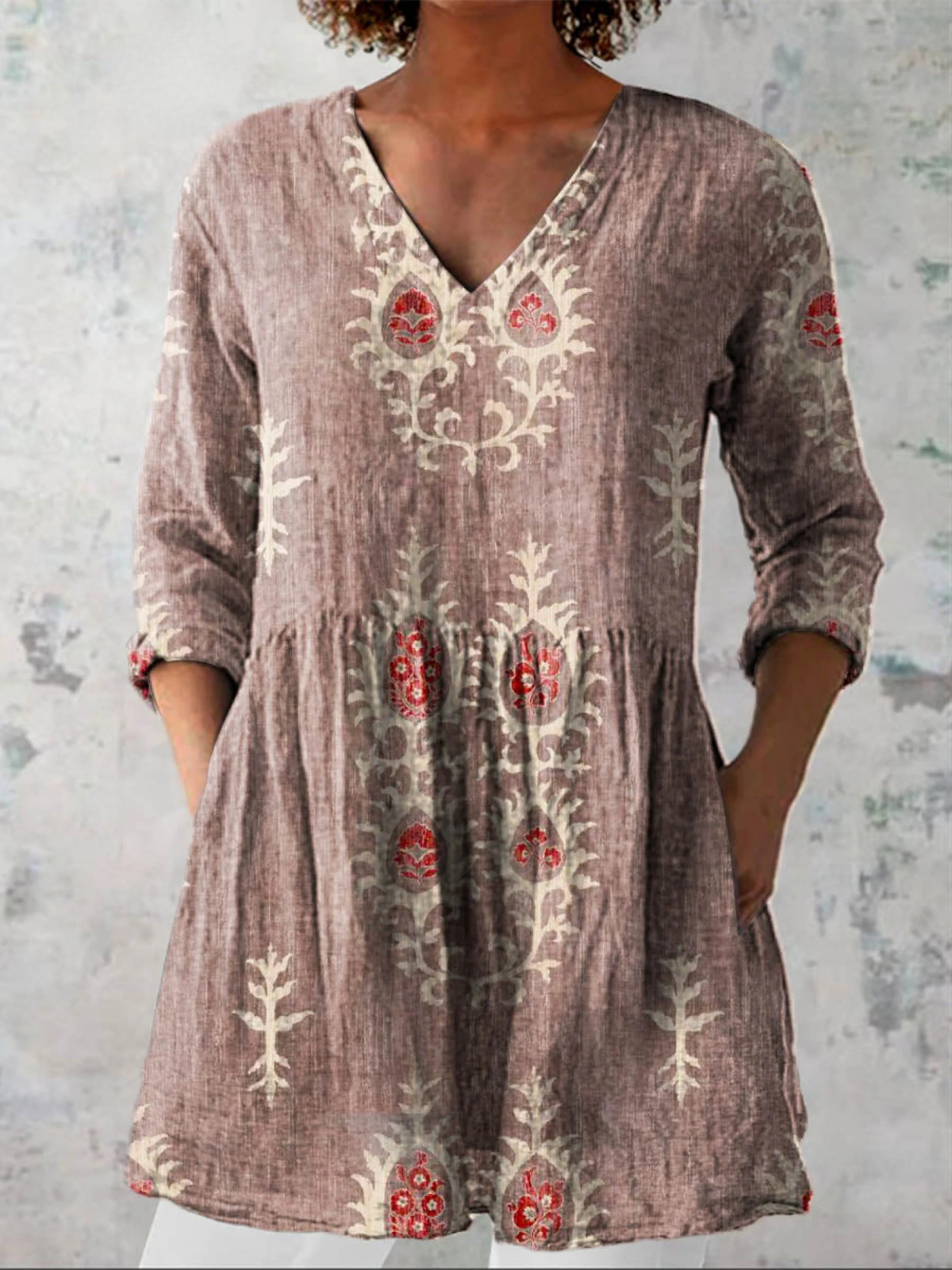 Women's drapey V-neck blouse, 3/4 sleeves, dusty rose with ivory floral embroidery
