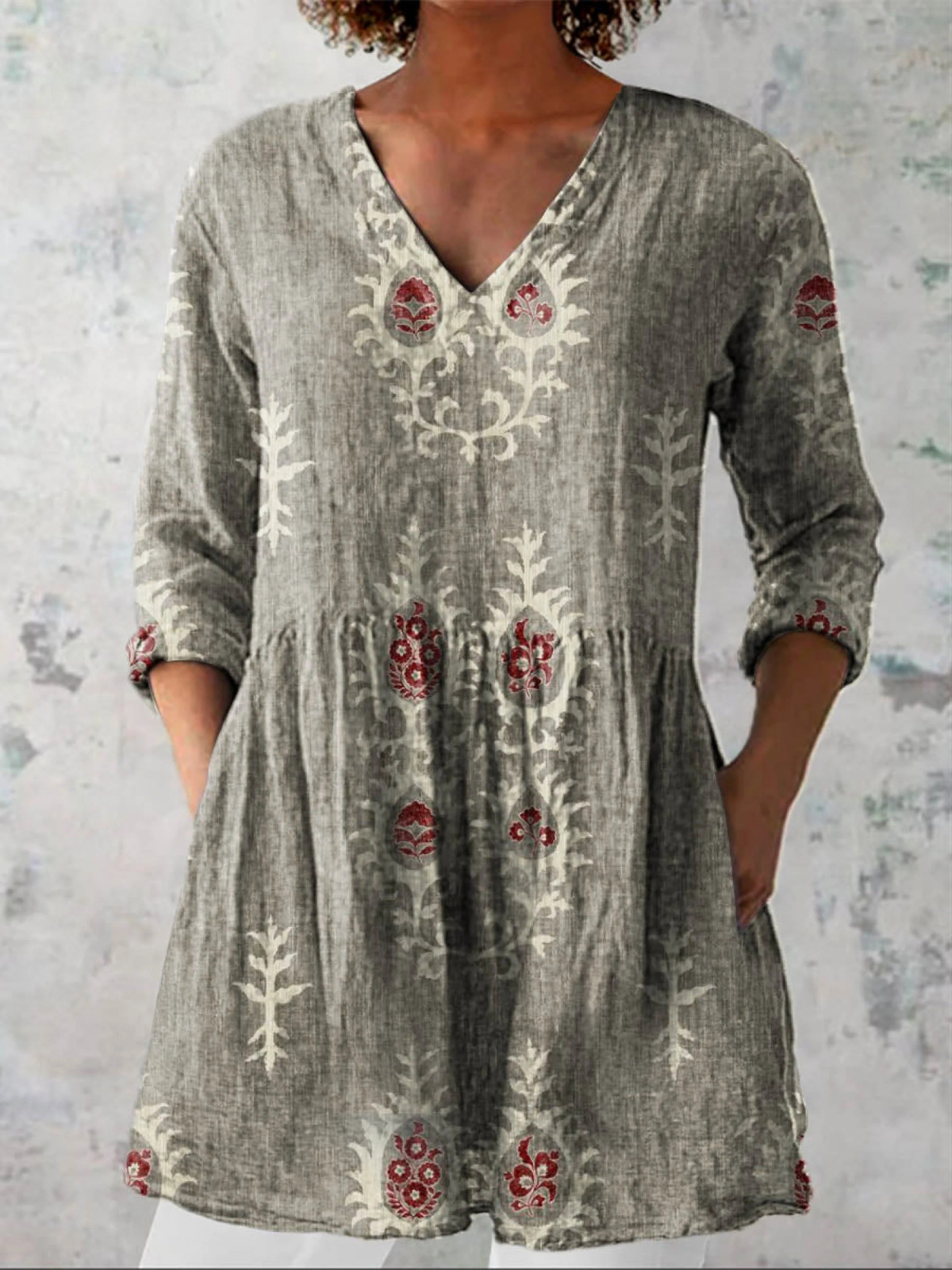 Women's drapey V-neck blouse, 3/4 sleeves, heather gray with ivory floral embroidery