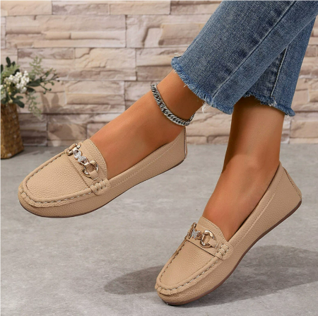 Khaki leather-look slip-on loafers with gold hardware detail and moc stitching