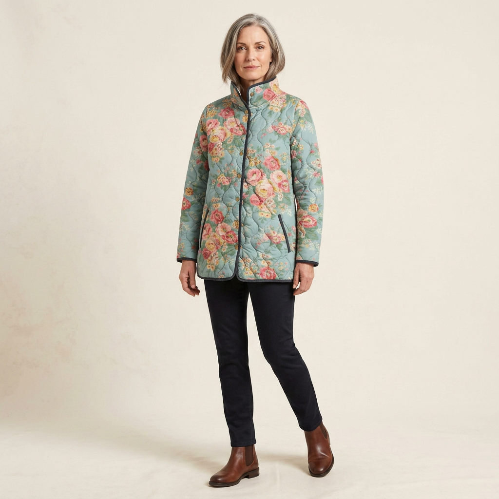 Women's quilted floral print jacket, long sleeves, zip-front with stand collar, teal multicolor