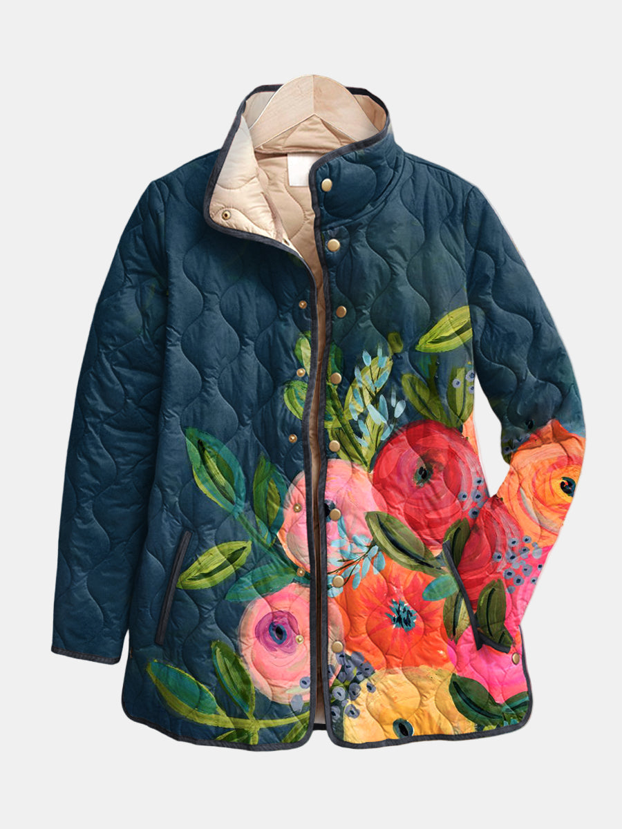 Vintage floral jacket with quilted dark teal base, multicolor flower print, button front