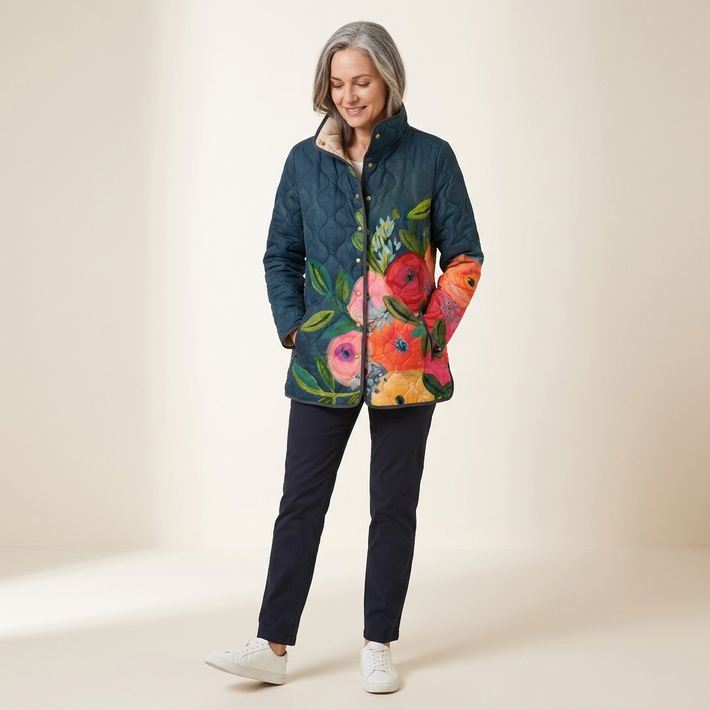 Women's vintage floral puffer jacket, dark teal with colorful front zipper and stand collar