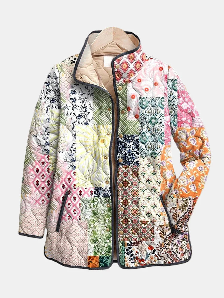 Multicolor floral patchwork zip-up jacket with hood, long sleeves