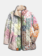 Multicolor floral patchwork zip-up jacket with hood, long sleeves