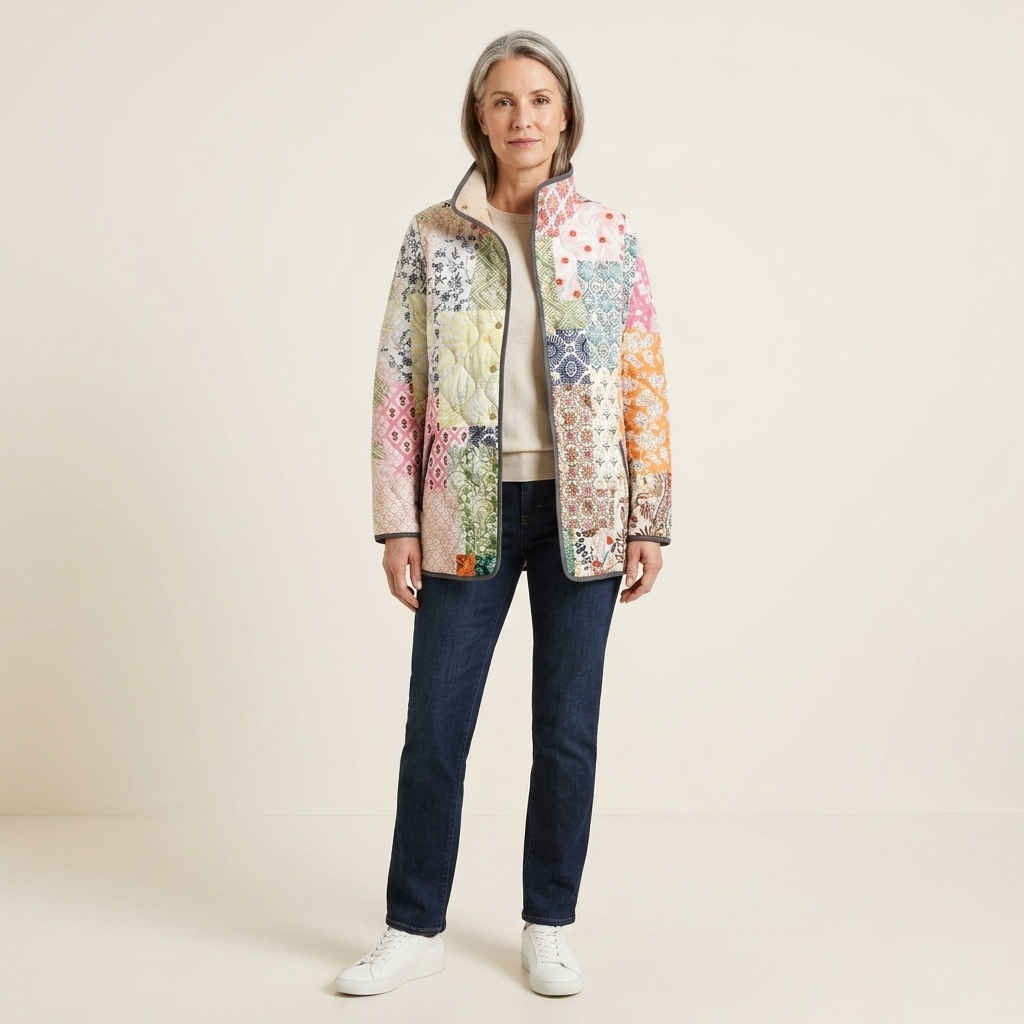 Women's multicolor floral print puffer jacket with front zipper and stand collar