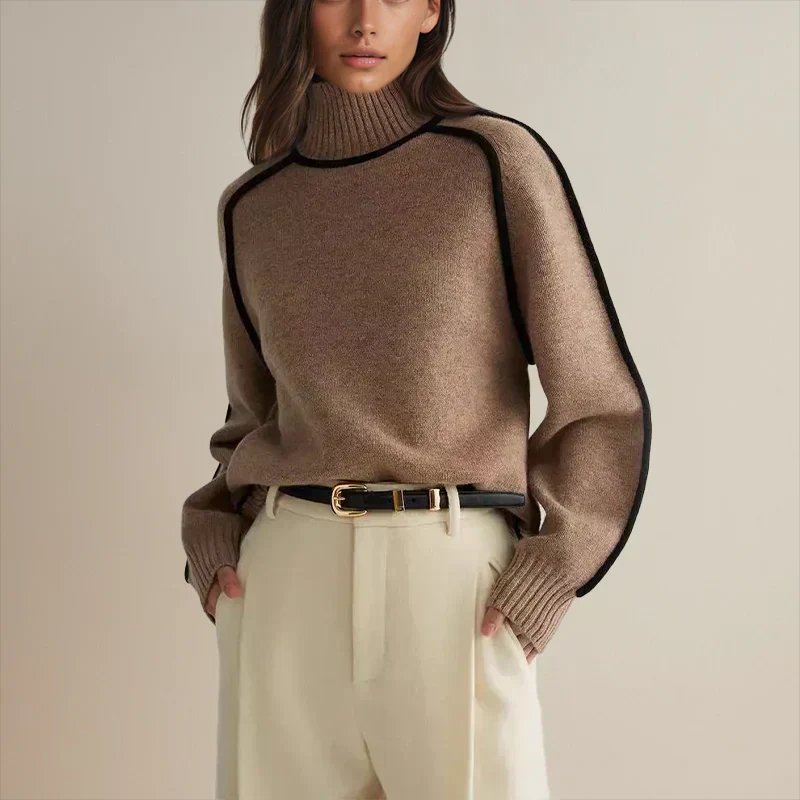 Oversized colorblock turtleneck sweater in taupe-brown with black trim, ribbed cuffs