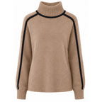 Women’s oversized colorblock turtleneck sweater, ribbed knit, tan with dark sleeve stripes