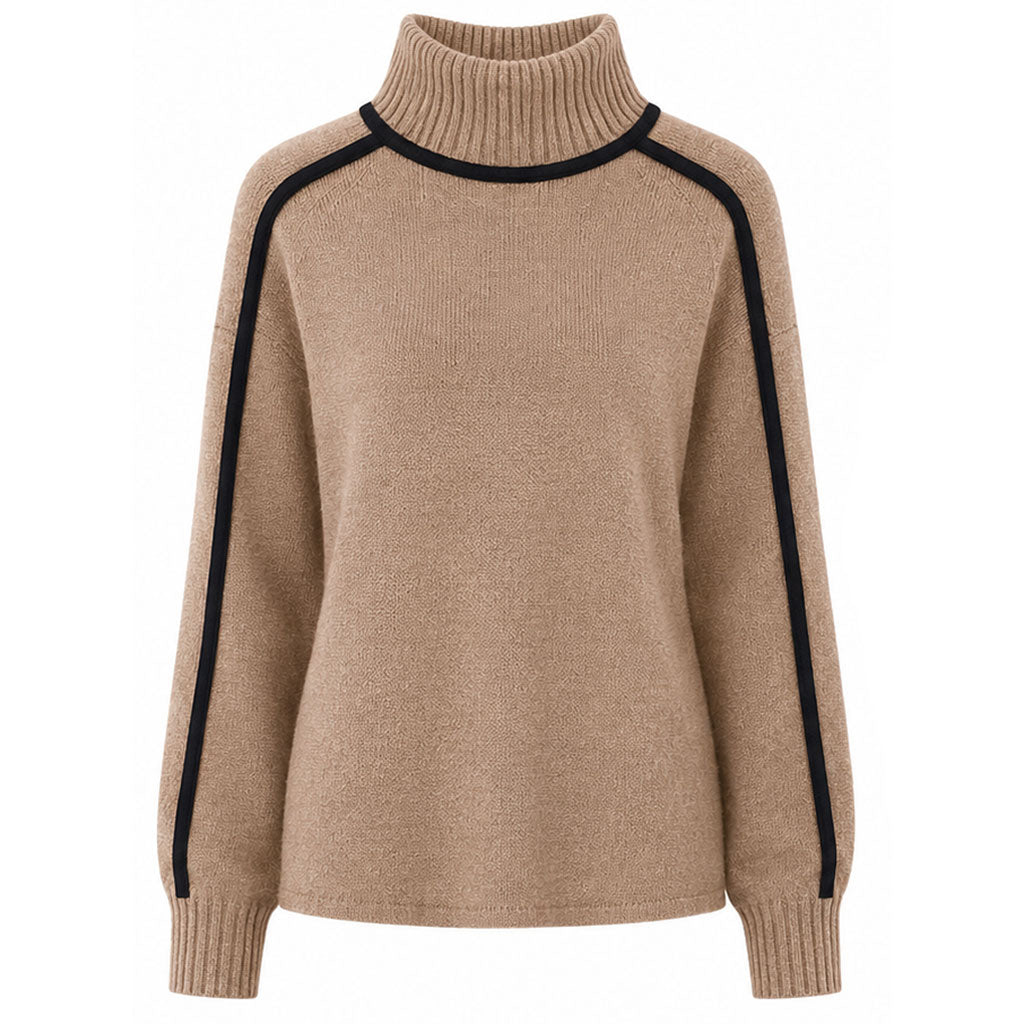 Women’s oversized colorblock turtleneck sweater, ribbed knit, tan with dark sleeve stripes