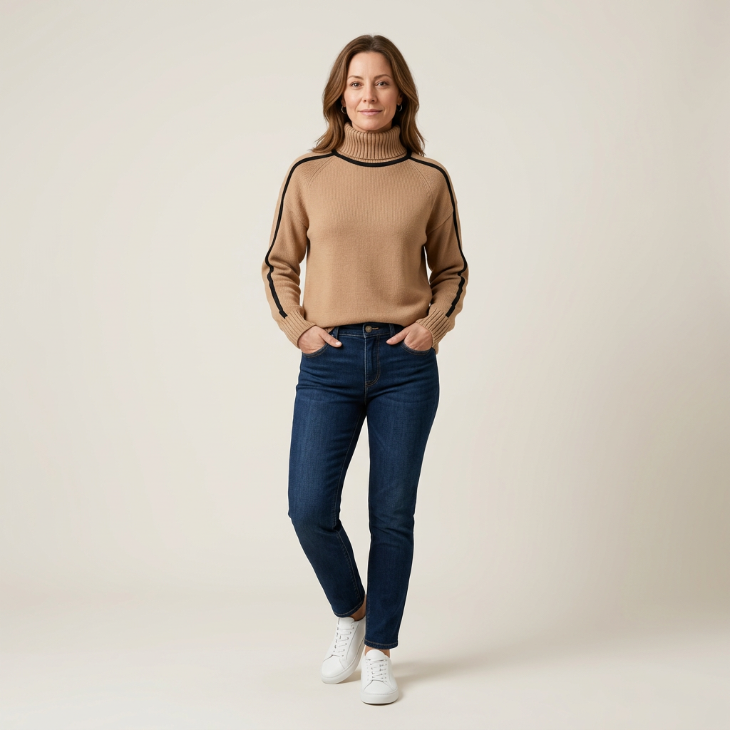 Women’s oversized turtleneck sweater in tan, ribbed cuffs and hem