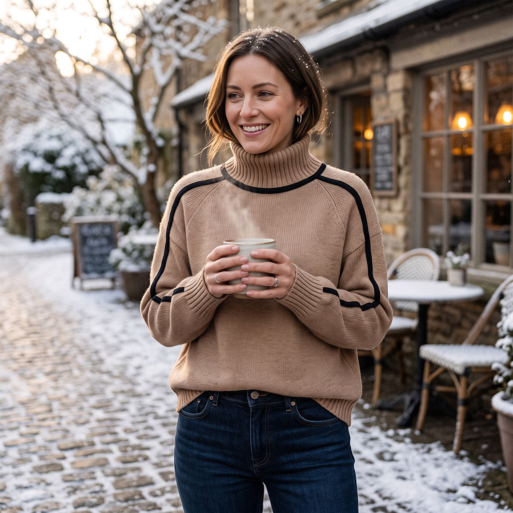 Women’s oversized tan turtleneck sweater with ribbed knit and dark contrast stripe sleeves