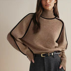 Oversized colorblock turtleneck sweater in taupe-brown with black side panels