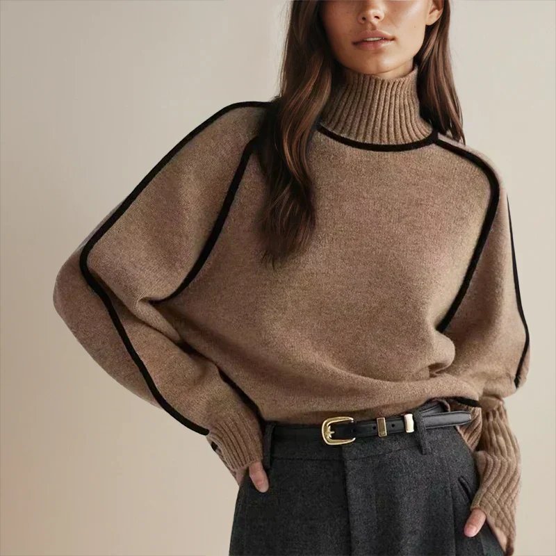 Oversized colorblock turtleneck sweater in taupe-brown with black side panels