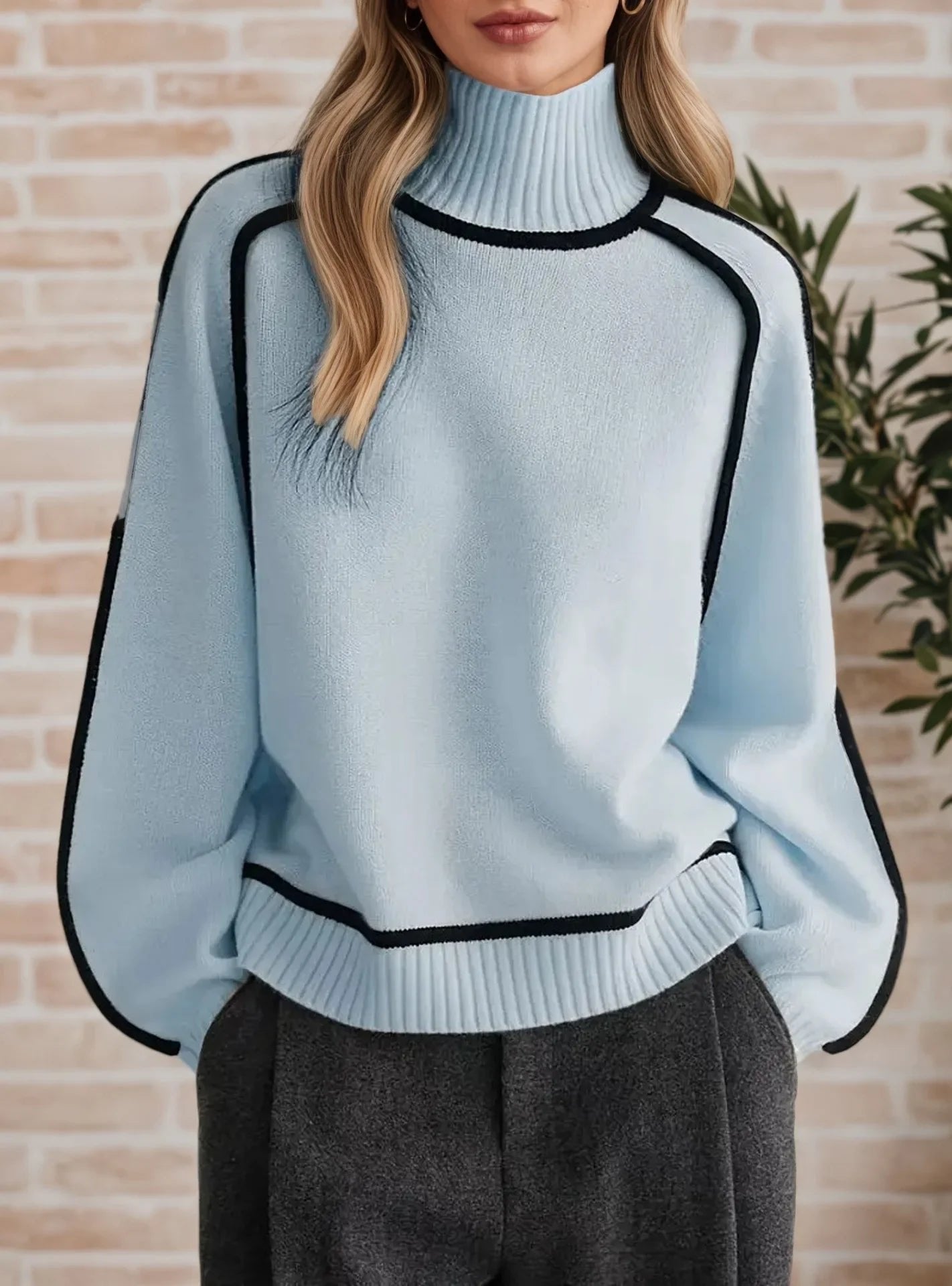 Oversized colorblock turtleneck sweater in light blue with black contrast trim