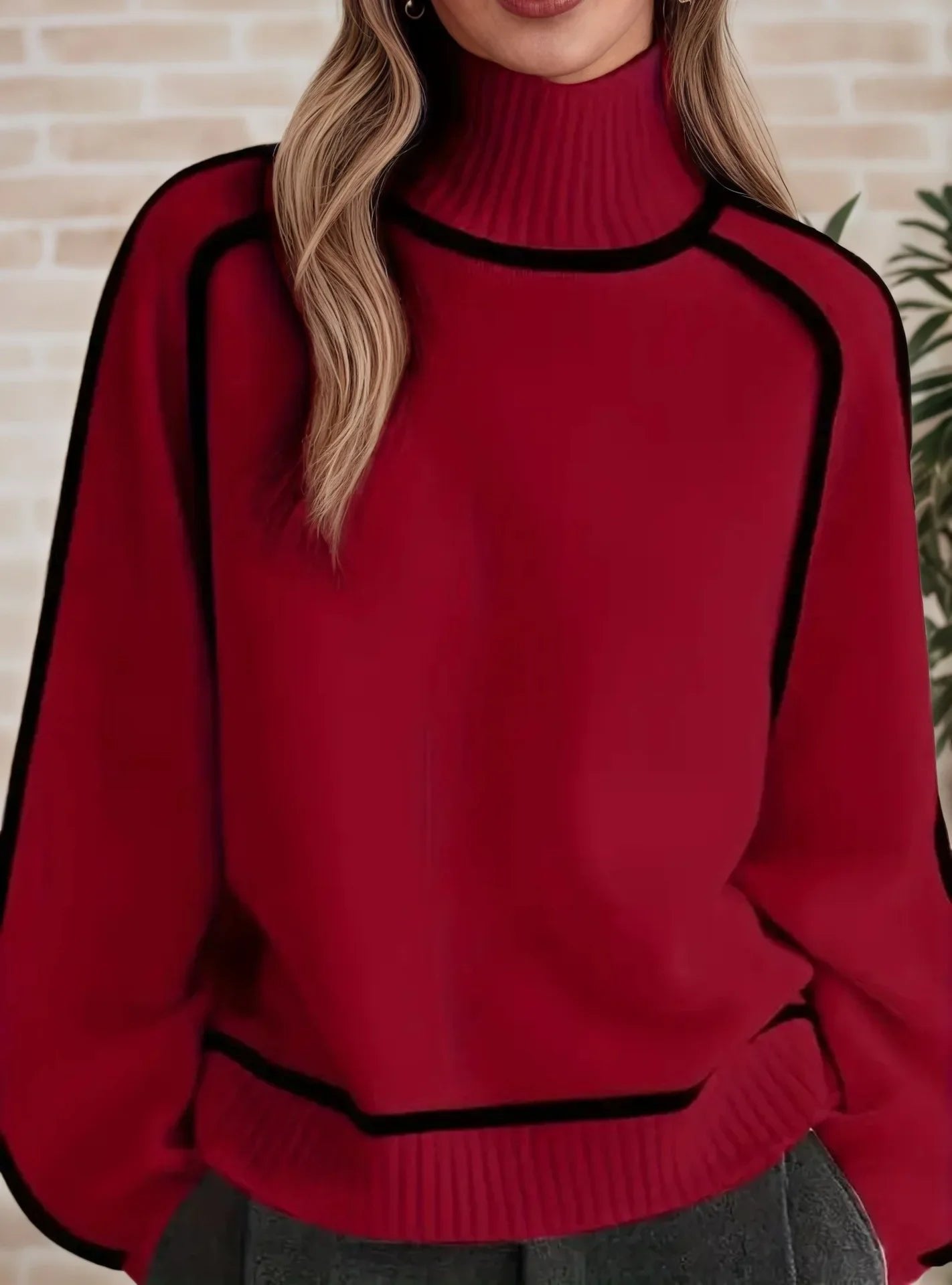 Oversized colorblock turtleneck sweater in deep red with black contrast trim