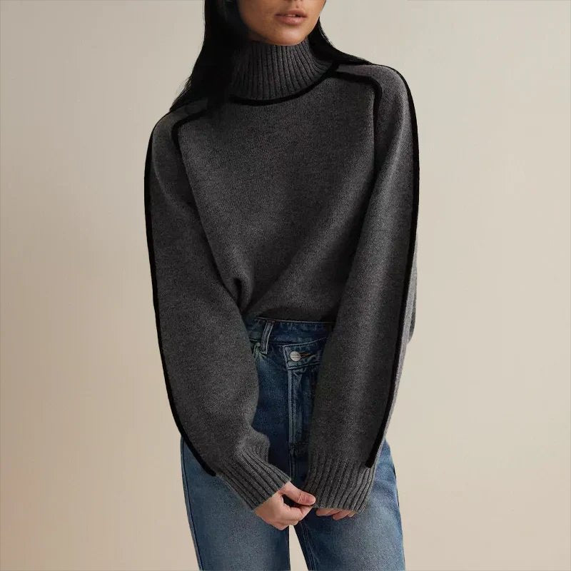 Oversized colorblock turtleneck sweater in dark gray with black contrast trim