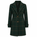 Women's dark green plaid button-front coat, tailored fit, notch lapel, long sleeves