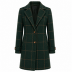 Women's dark green plaid button-front coat, tailored fit, notch lapel, long sleeves