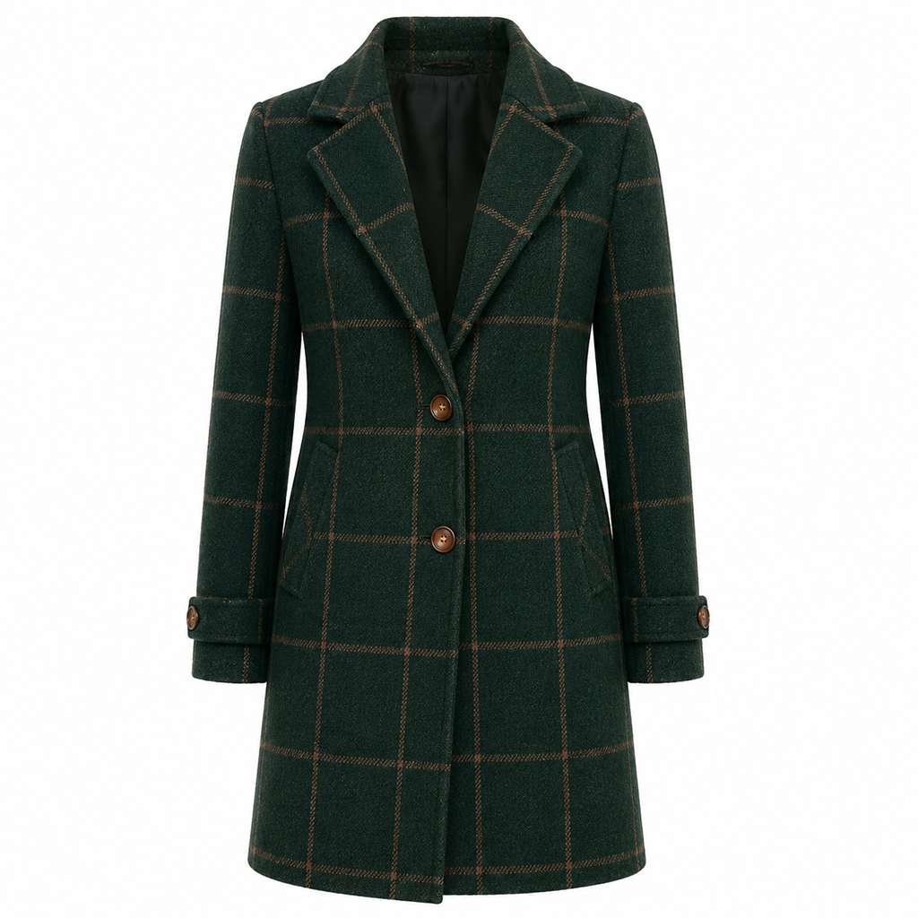 Women's dark green plaid button-front coat, tailored fit, notch lapel, long sleeves