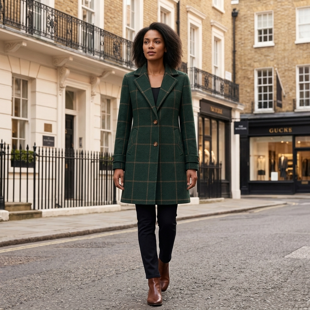 Women's dark green plaid coat with gold-tone buttons, mid-thigh, side pockets