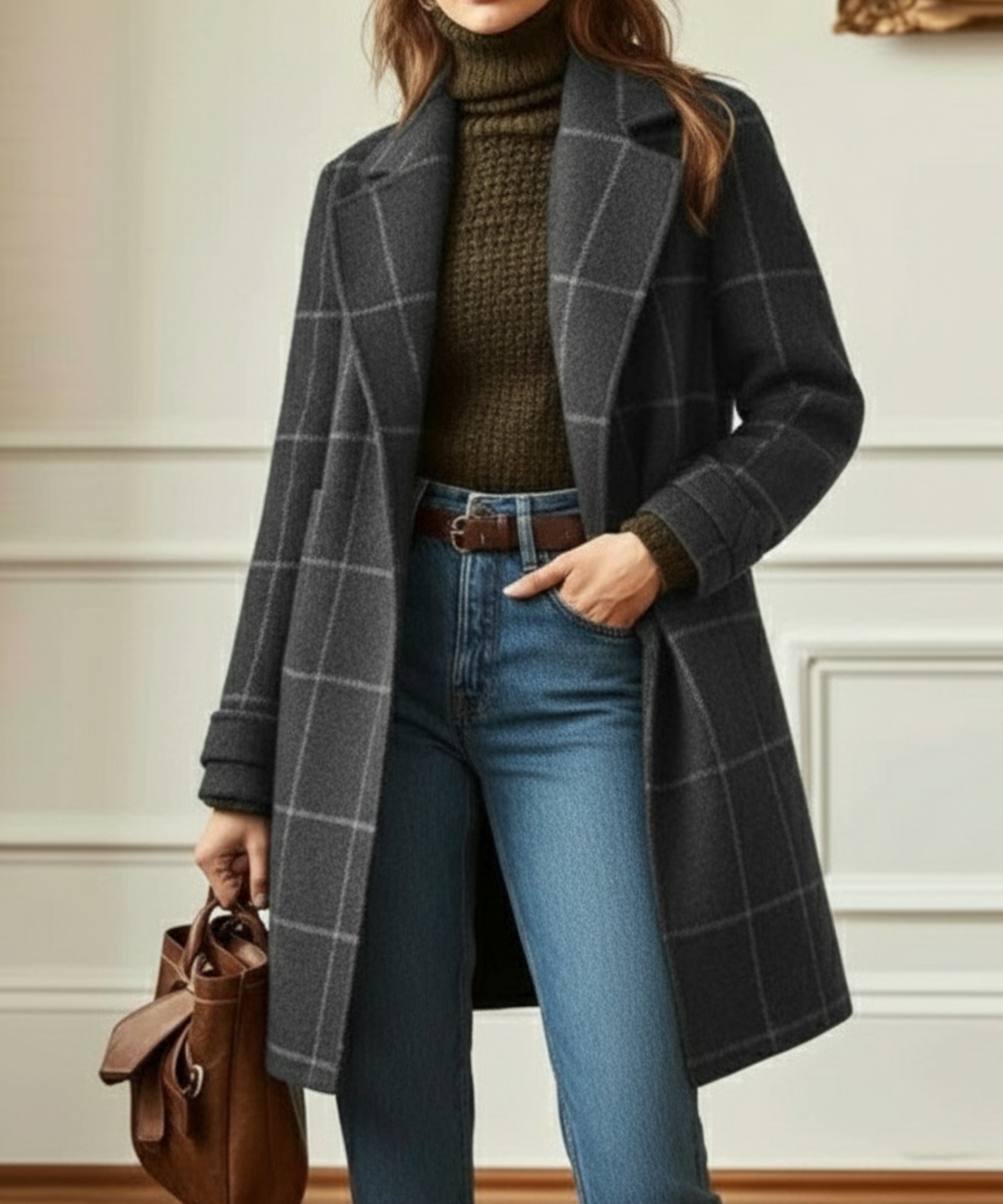 Women's grey plaid button-front coat with notched lapels and long sleeves