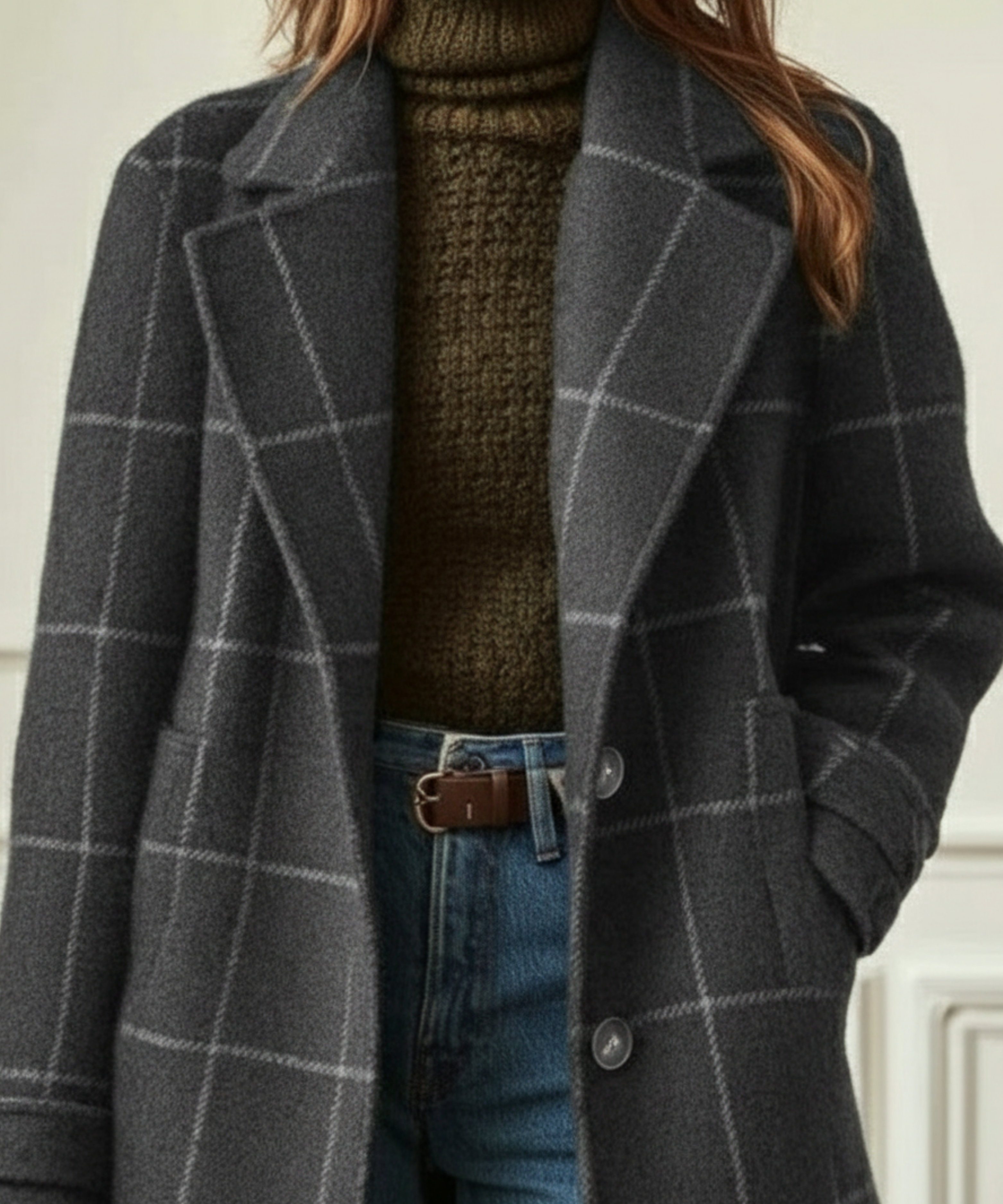Women's grey plaid coat detail: button-front placket and notched lapels