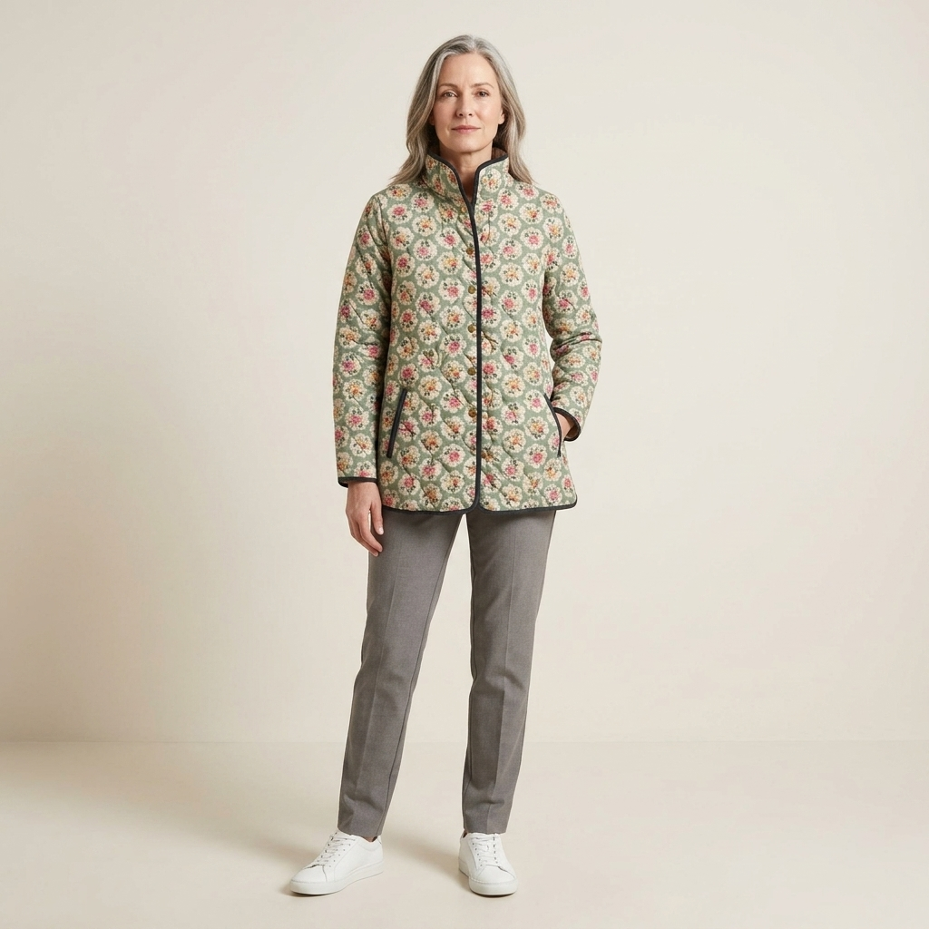 Women's quilted floral art print jacket, full-zip with stand collar
