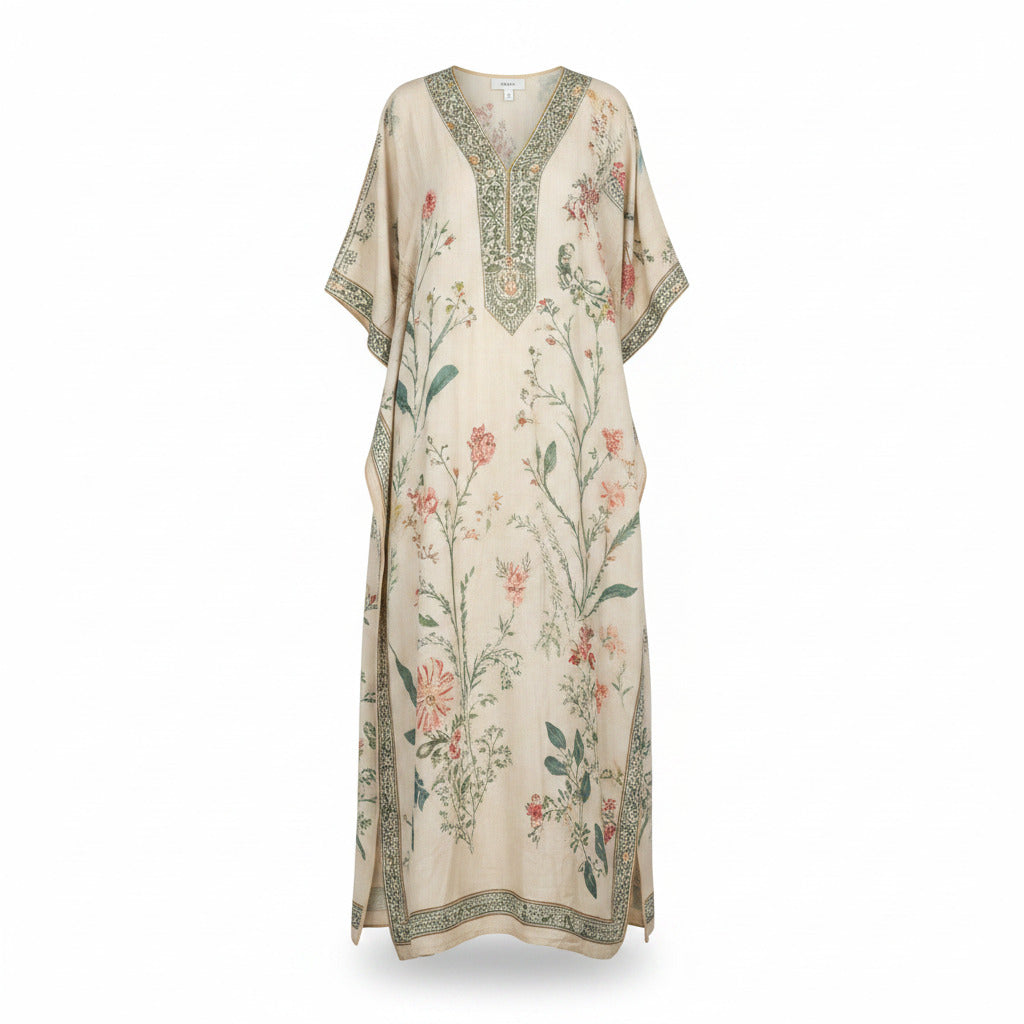 Women's Floral Print Kaftan Maxi Dress Wide Sleeve Relaxed Fit Cotton Rayon Blend