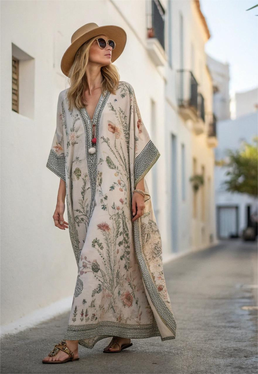 Beige floral maxi kaftan dress with teal edging, V-neck, draped wide sleeves