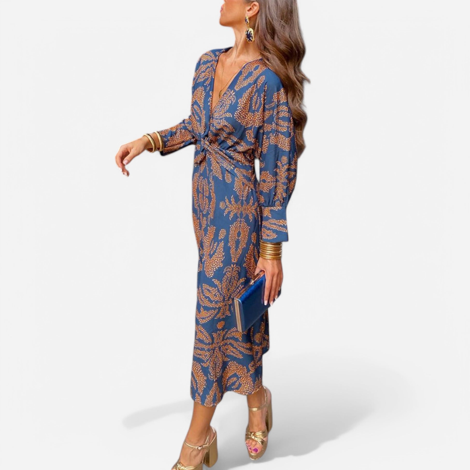Blue patterned midi dress with V-neck, tie waist, long sleeves and relaxed fit.
