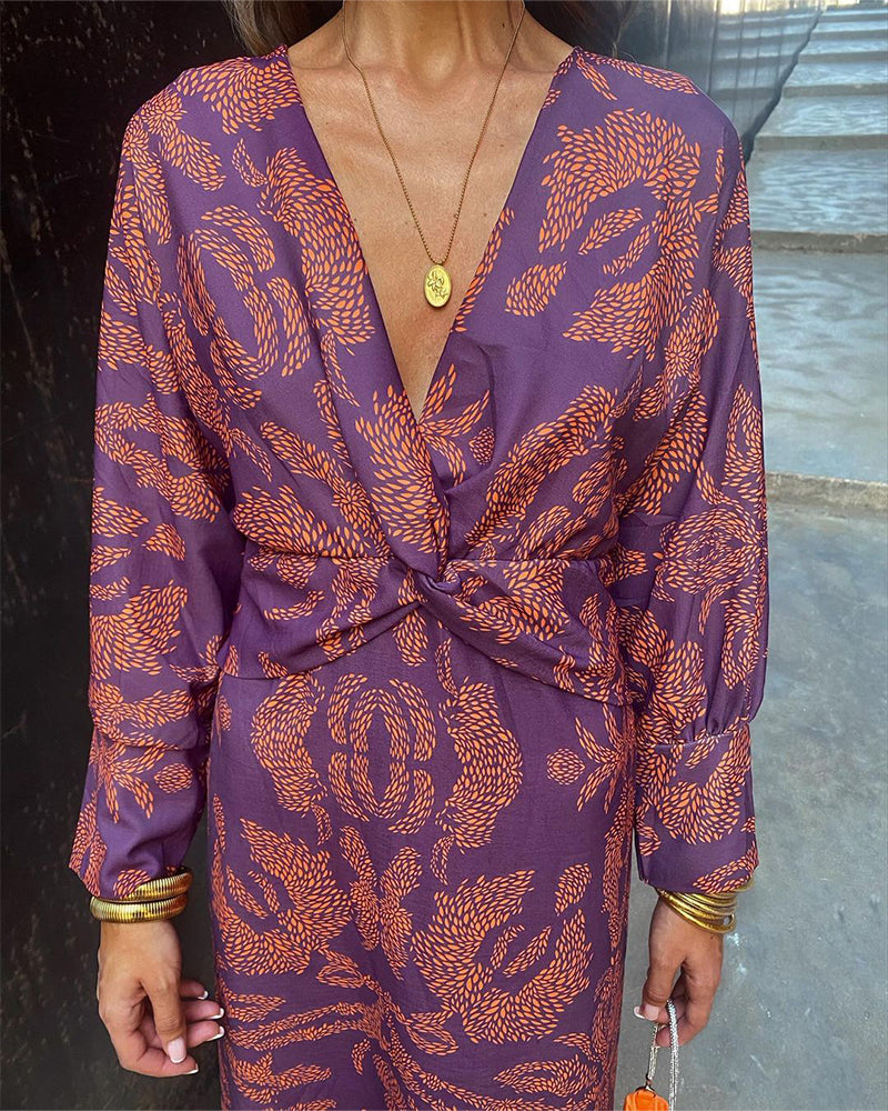 Purple patterned silk-effect summer dress, V-neck tie waist, long sleeves
