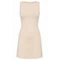 Beige sleeveless crew neck mini dress, flat lay front view