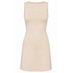 Beige sleeveless crew neck mini dress, flat lay front view
