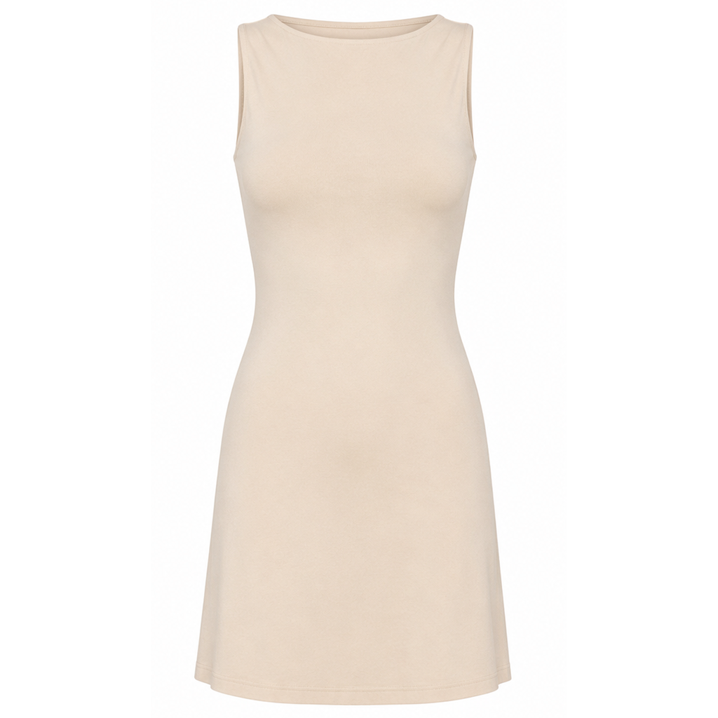 Beige sleeveless crew neck mini dress, flat lay front view