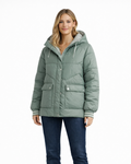 Women's green quilted down jacket with hood, zip front and snap pockets